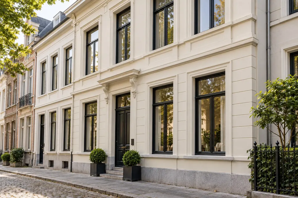 Gevelschilderwerken Gent: herenhuis met een door de schilder vernieuwde crèmekleurige gevel
