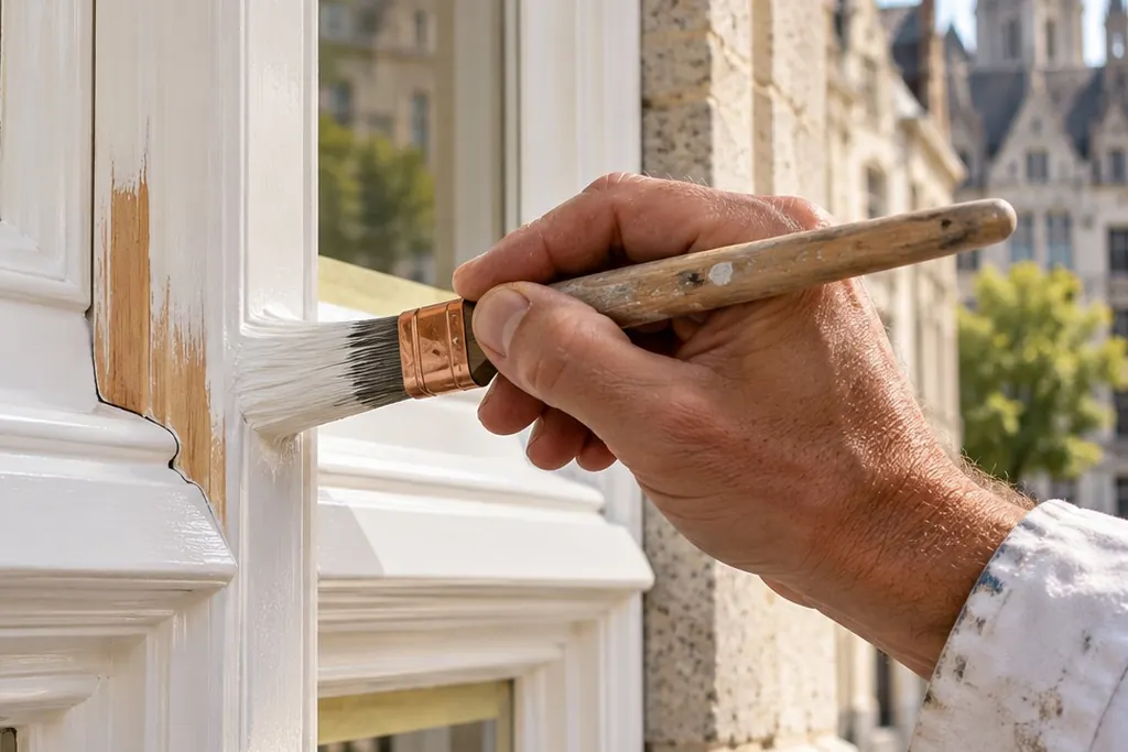 Lakwerken Gent: penseel zet een glanzende witte laklaag op houten raamwerk
