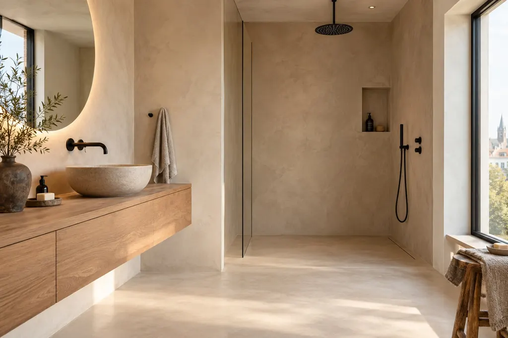 Mortex Gent: badkamer met naadloze mortex van de schilder op muren, vloer en douche